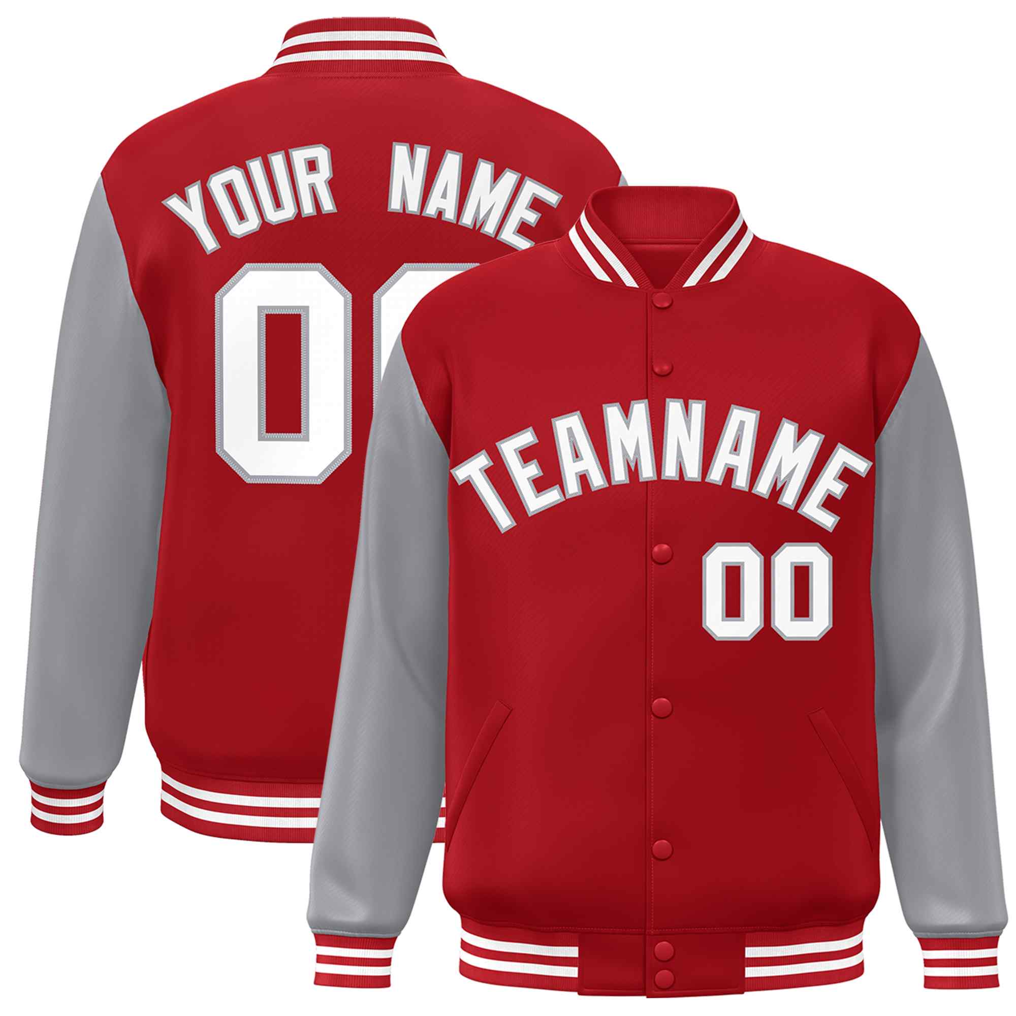 Veste Letterman Varsity Full-Snap à manches raglan rouge blanc-gris personnalisée