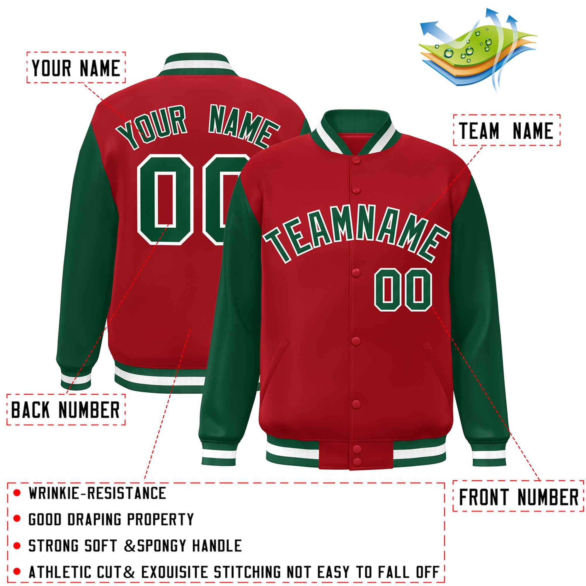 Veste Letterman Varsity Full-Snap à manches raglan personnalisées rouge vert-blanc