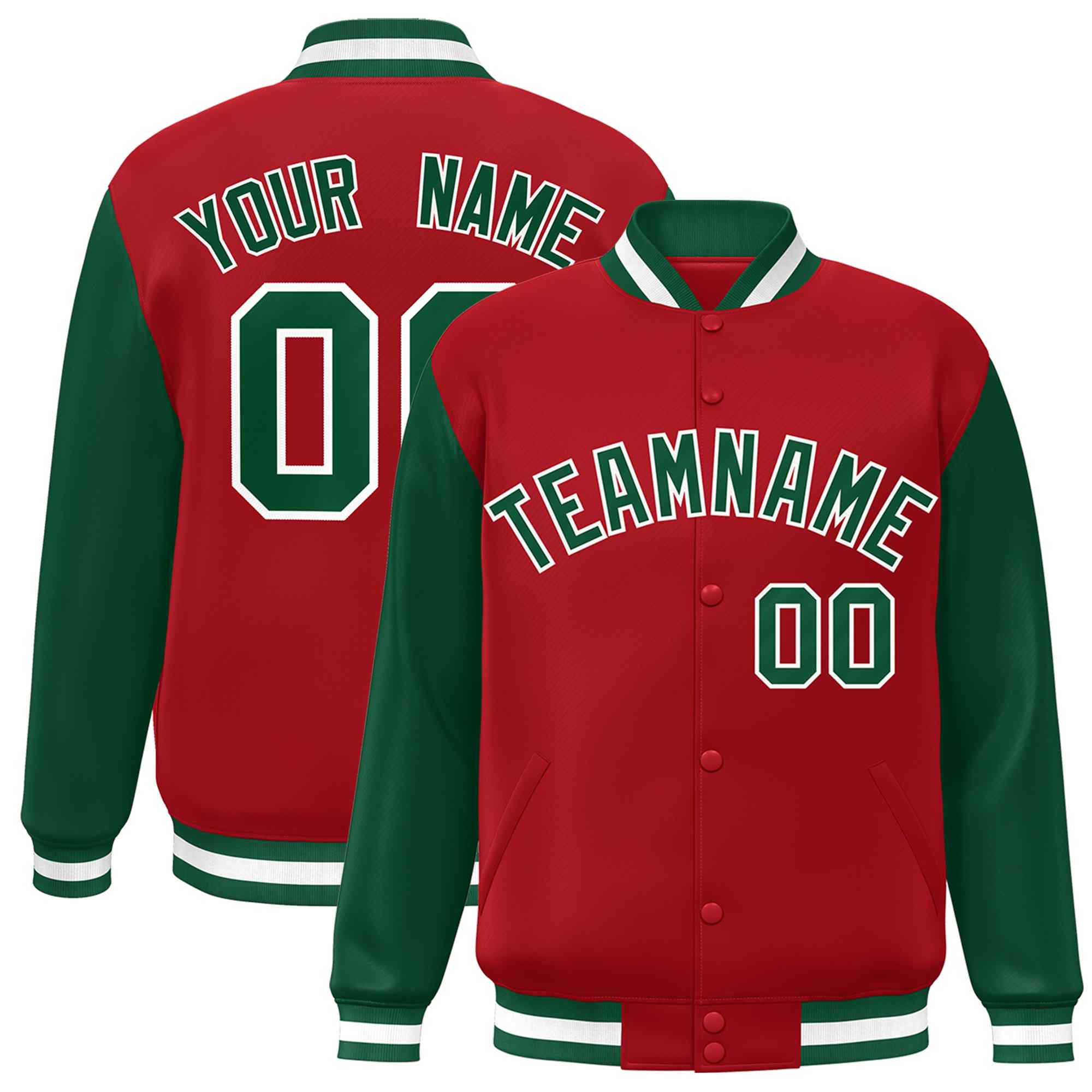 Veste Letterman Varsity Full-Snap à manches raglan personnalisées rouge vert-blanc