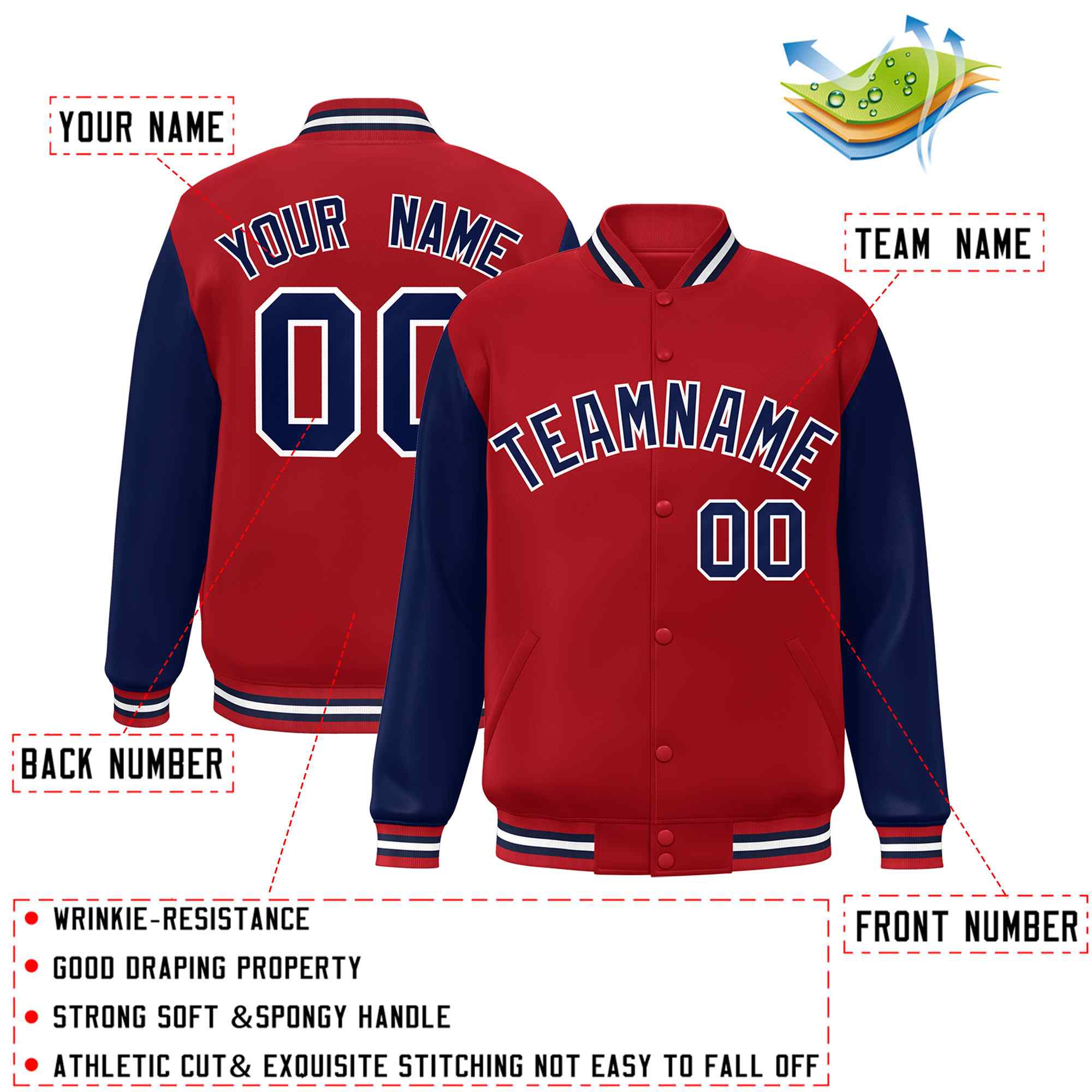 Custom Red Navy-White Raglan Sleeves Varsity Full-Snap Letterman Jacket