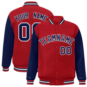 Veste Letterman Varsity Full-Snap à manches raglan rouge marine-blanc personnalisée