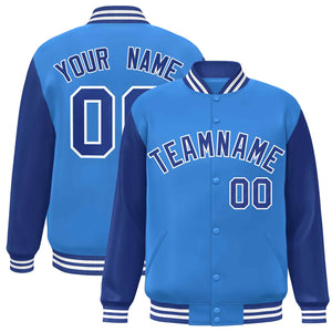 Custom Powder Blue Royal-White Raglan Sleeves Varsity Full-Snap Letterman Jacket