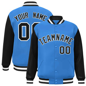 Custom Powder Blue Black-White Raglan Sleeves Varsity Full-Snap Letterman Jacket