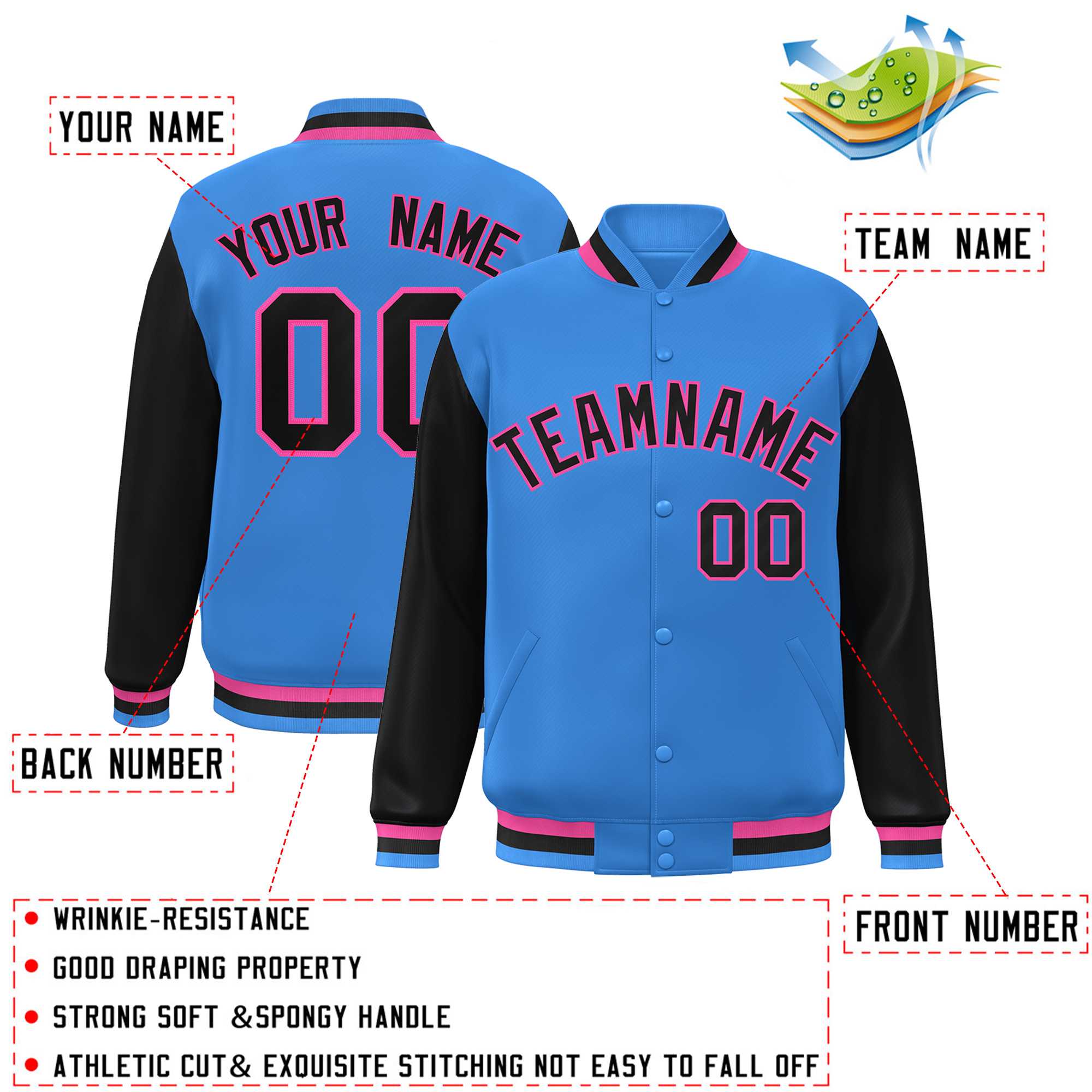 Veste Letterman Varsity Full-Snap à manches raglan bleu poudre personnalisée noir-rose