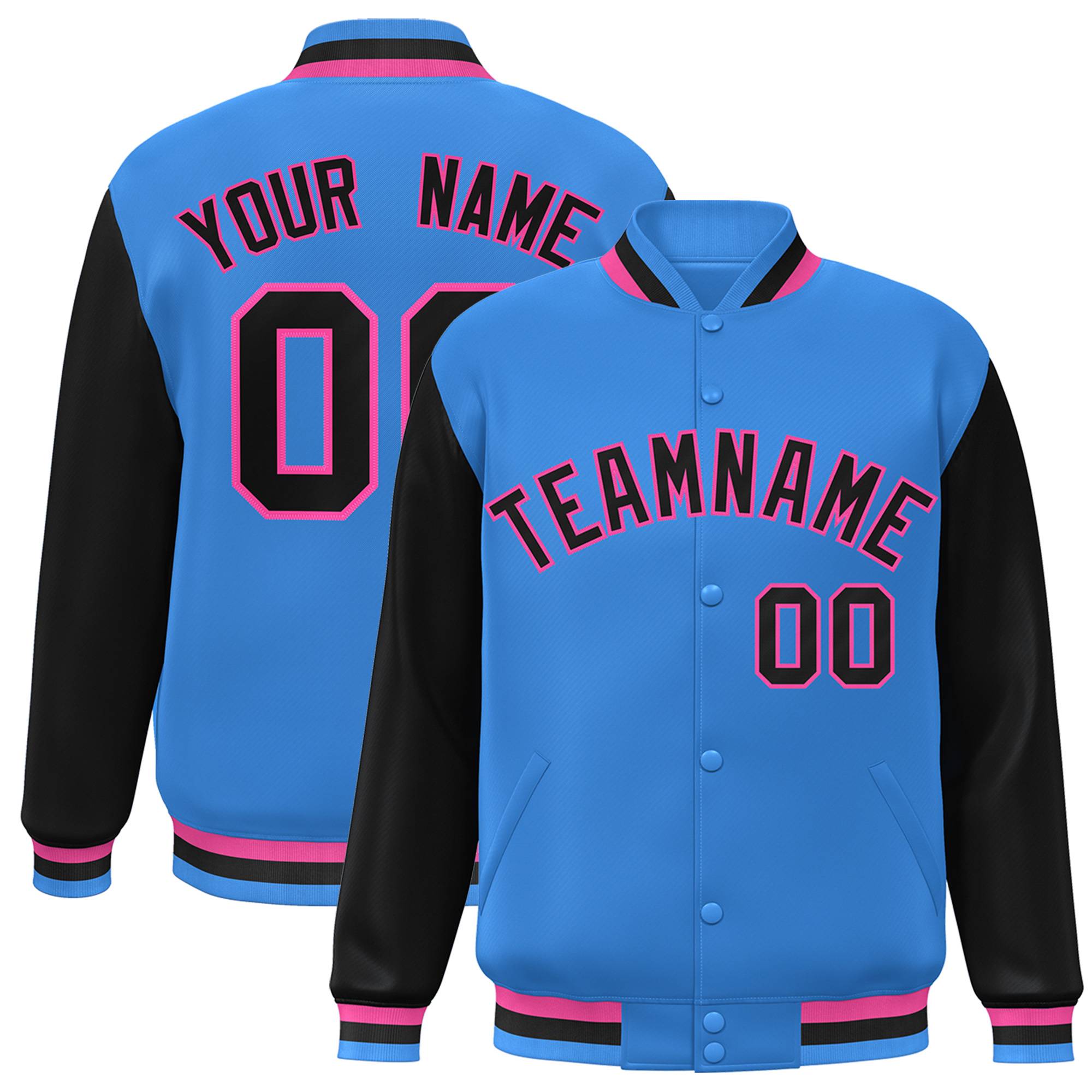 Veste Letterman Varsity Full-Snap à manches raglan bleu poudre personnalisée noir-rose