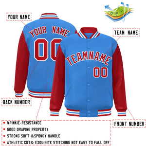 Custom Powder Blue Red-White Raglan Sleeves Varsity Full-Snap Letterman Jacket