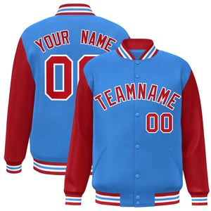 Custom Powder Blue Red-White Raglan Sleeves Varsity Full-Snap Letterman Jacket