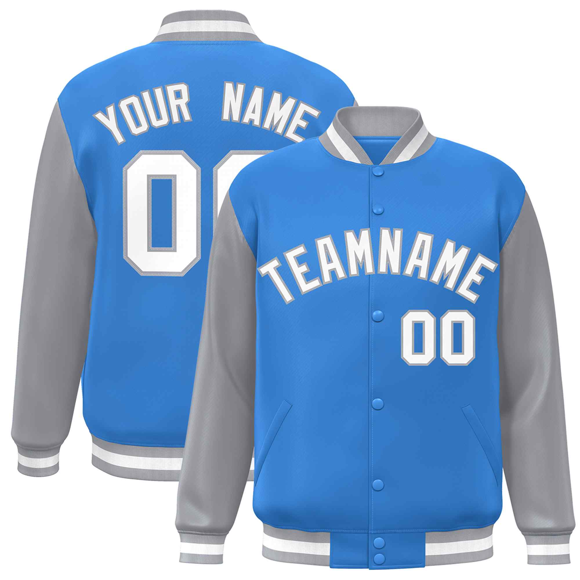 Veste Letterman Varsity Full-Snap à manches raglan bleu poudre blanc-gris personnalisée