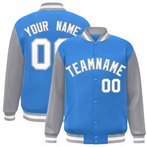 Veste Letterman Varsity Full-Snap à manches raglan bleu poudre blanc-gris personnalisée