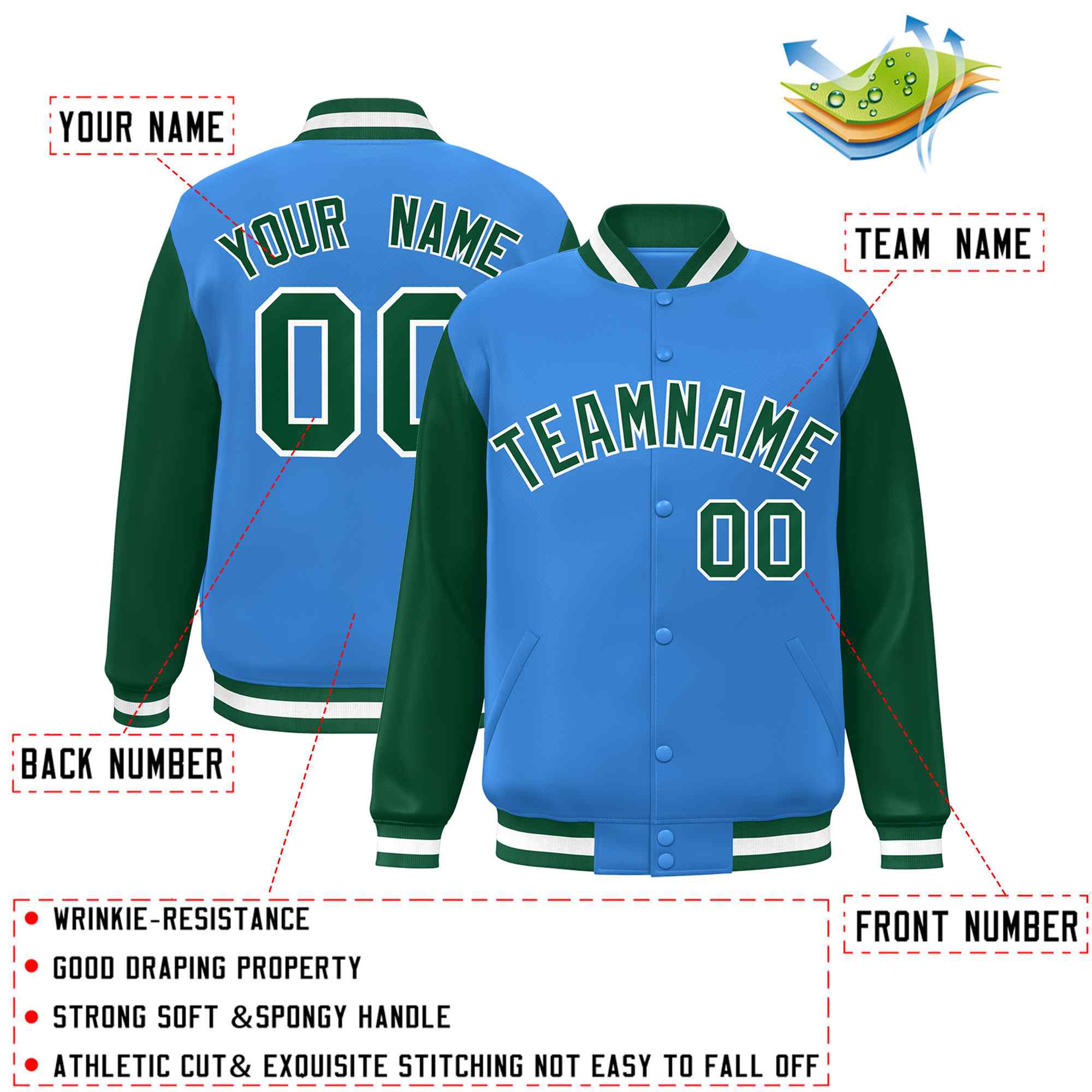 Custom Powder Blue Green-White Raglan Sleeves Varsity Full-Snap Letterman Jacket