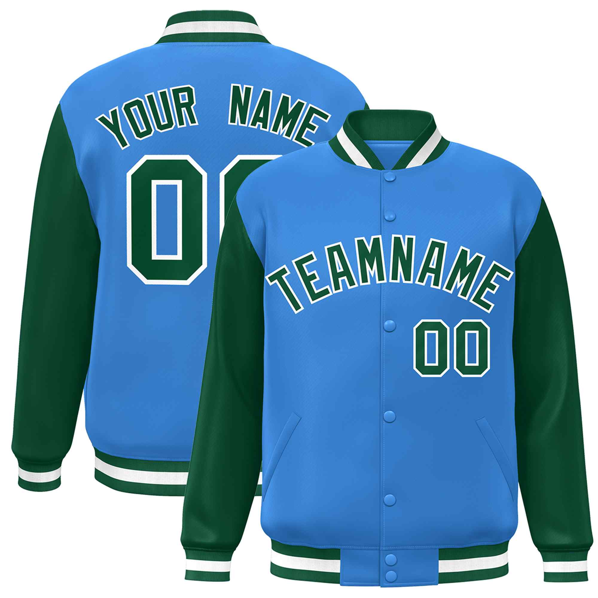 Veste Letterman Varsity Full-Snap à manches raglan bleu poudre personnalisée vert-blanc