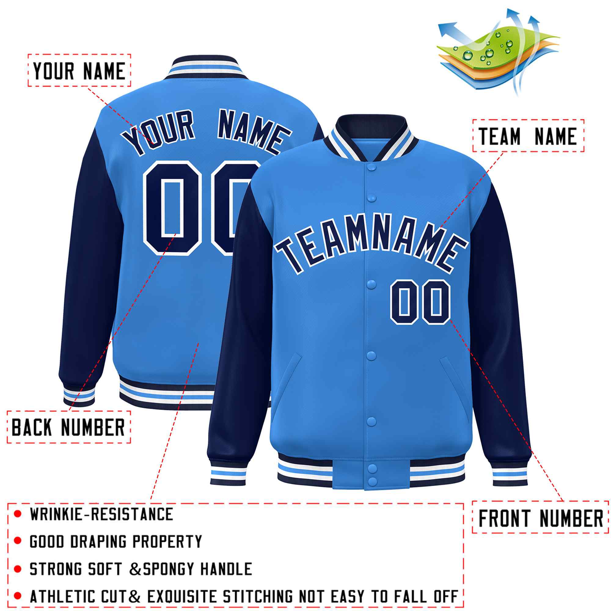 Custom Powder Blue Navy-White Raglan Sleeves Varsity Full-Snap Letterman Jacket