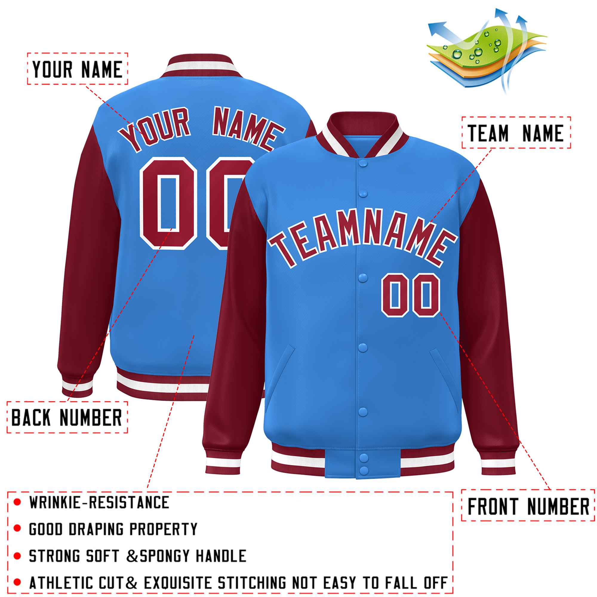 Custom Powder Blue Crimson-White Raglan Sleeves Varsity Full-Snap Letterman Jacket