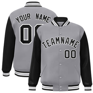 Custom Gray Black-White Raglan Sleeves Varsity Full-Snap Letterman Jacket