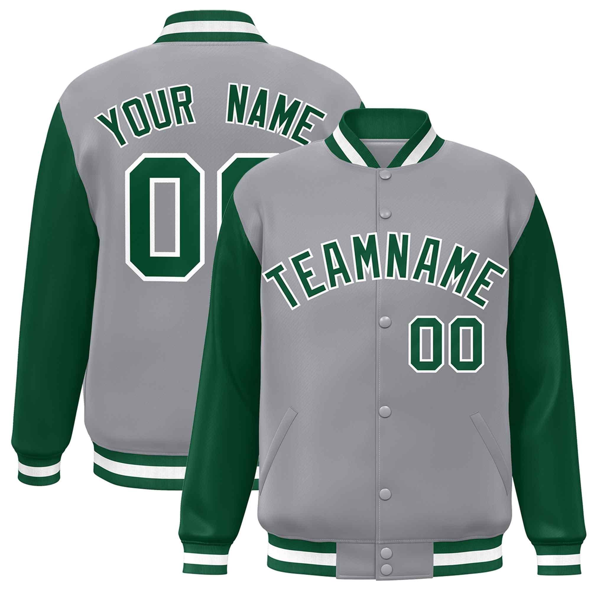 Custom Gray Green-White Raglan Sleeves Varsity Full-Snap Letterman Jacket