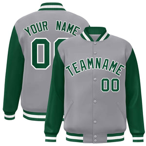 Veste Letterman Varsity Full-Snap à manches raglan gris vert-blanc personnalisée