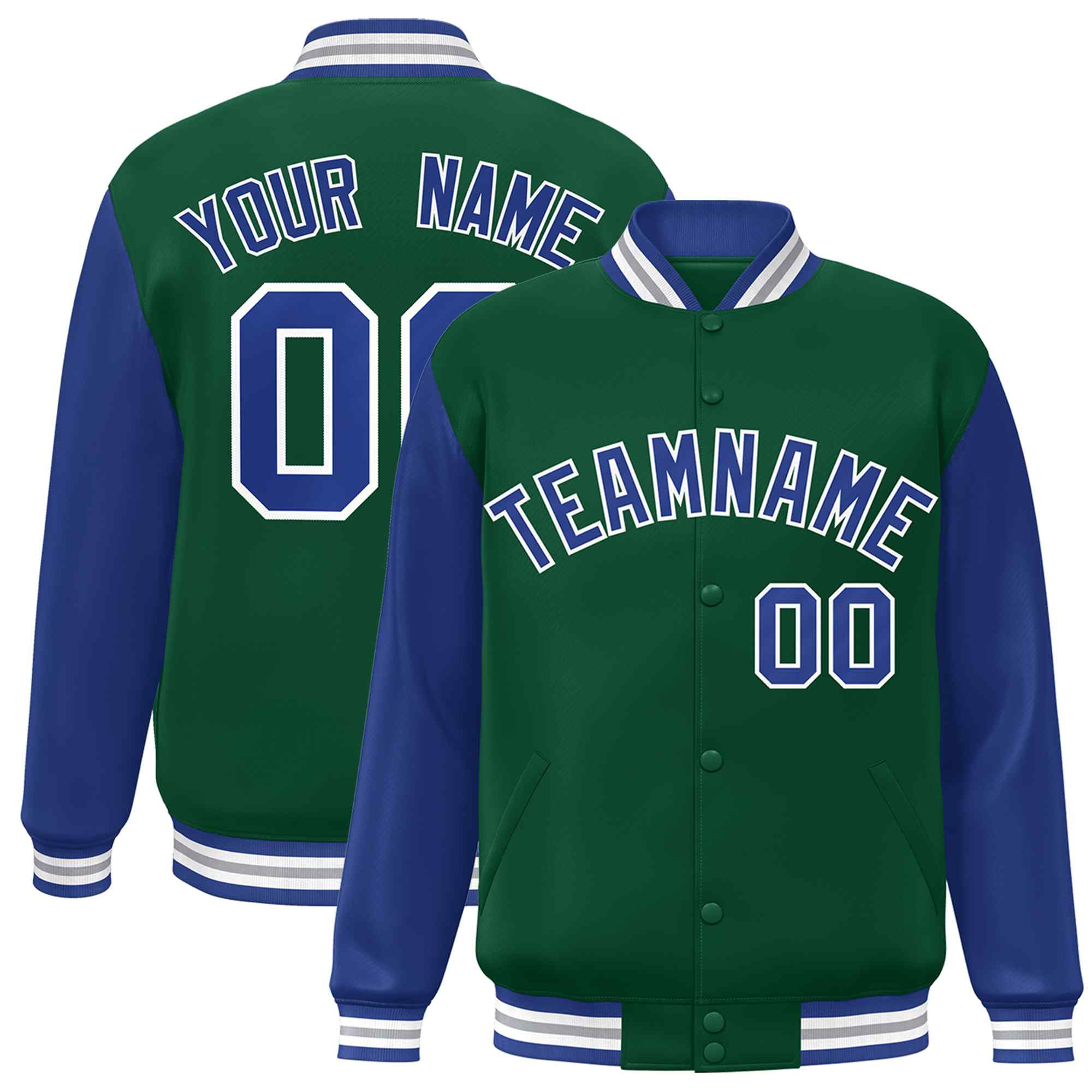 Veste Letterman Varsity Full-Snap à manches raglan vert royal-blanc personnalisée