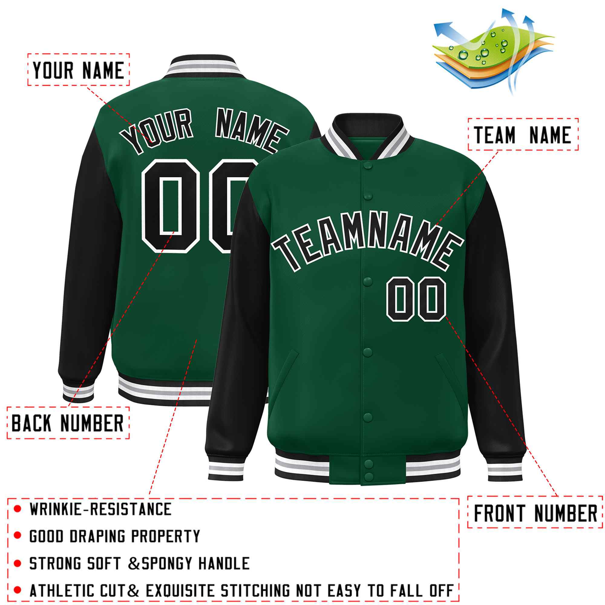 Custom Green Black-White Raglan Sleeves Varsity Full-Snap Letterman Jacket