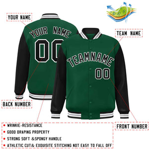 Veste Letterman Varsity Full-Snap à manches raglan personnalisées vert noir-blanc