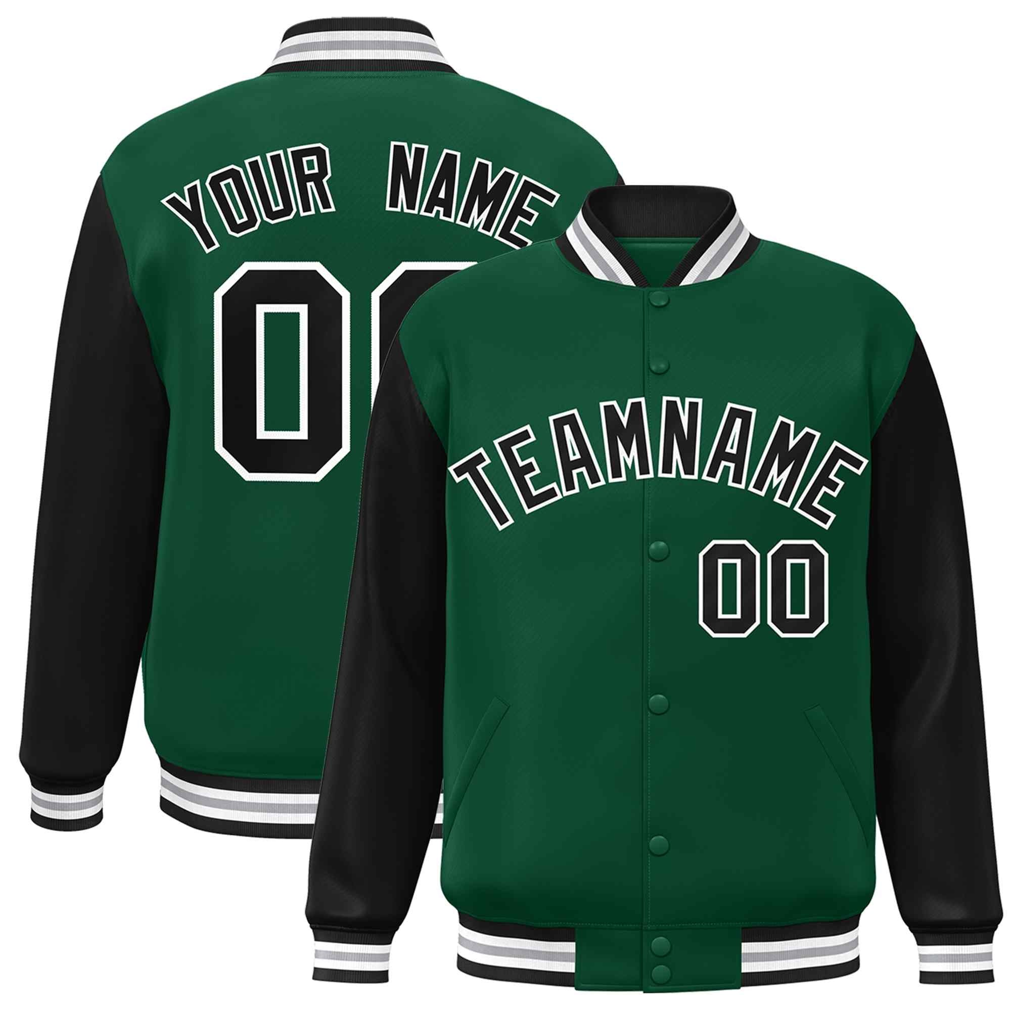 Veste Letterman Varsity Full-Snap à manches raglan personnalisées vert noir-blanc