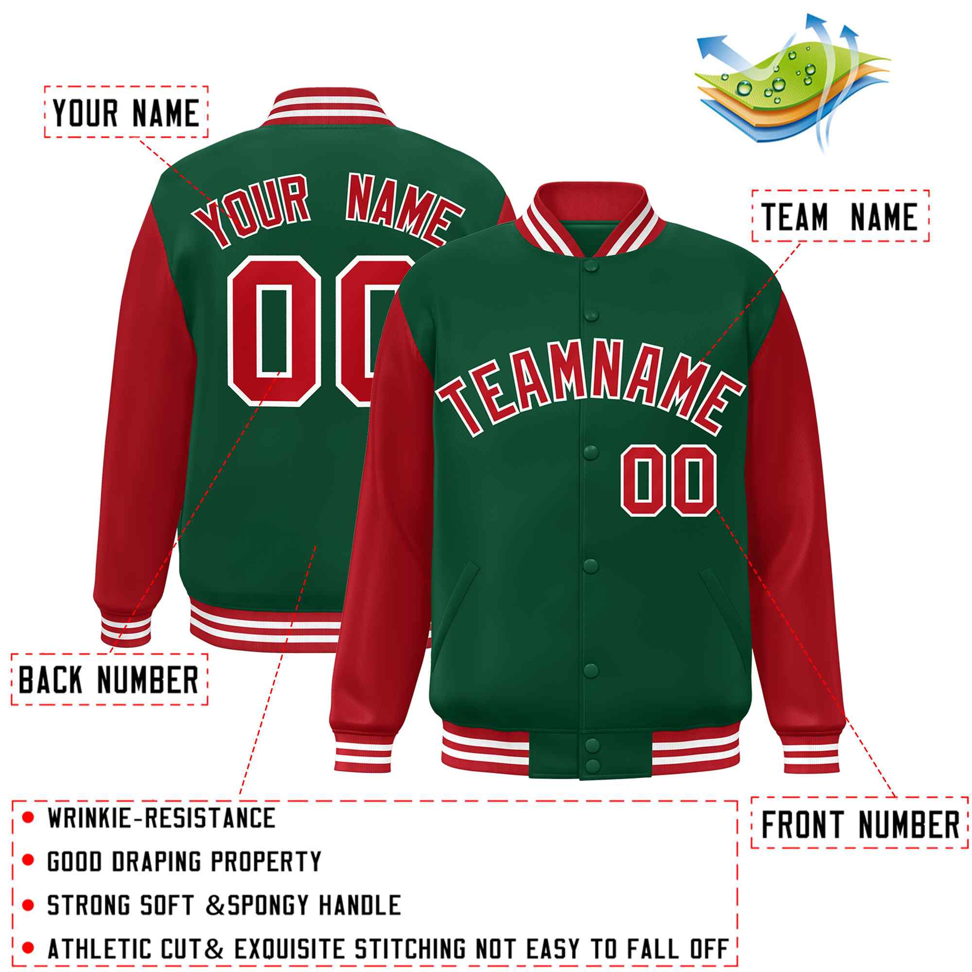 Veste Letterman Varsity Full-Snap à manches raglan personnalisées vert rouge-blanc