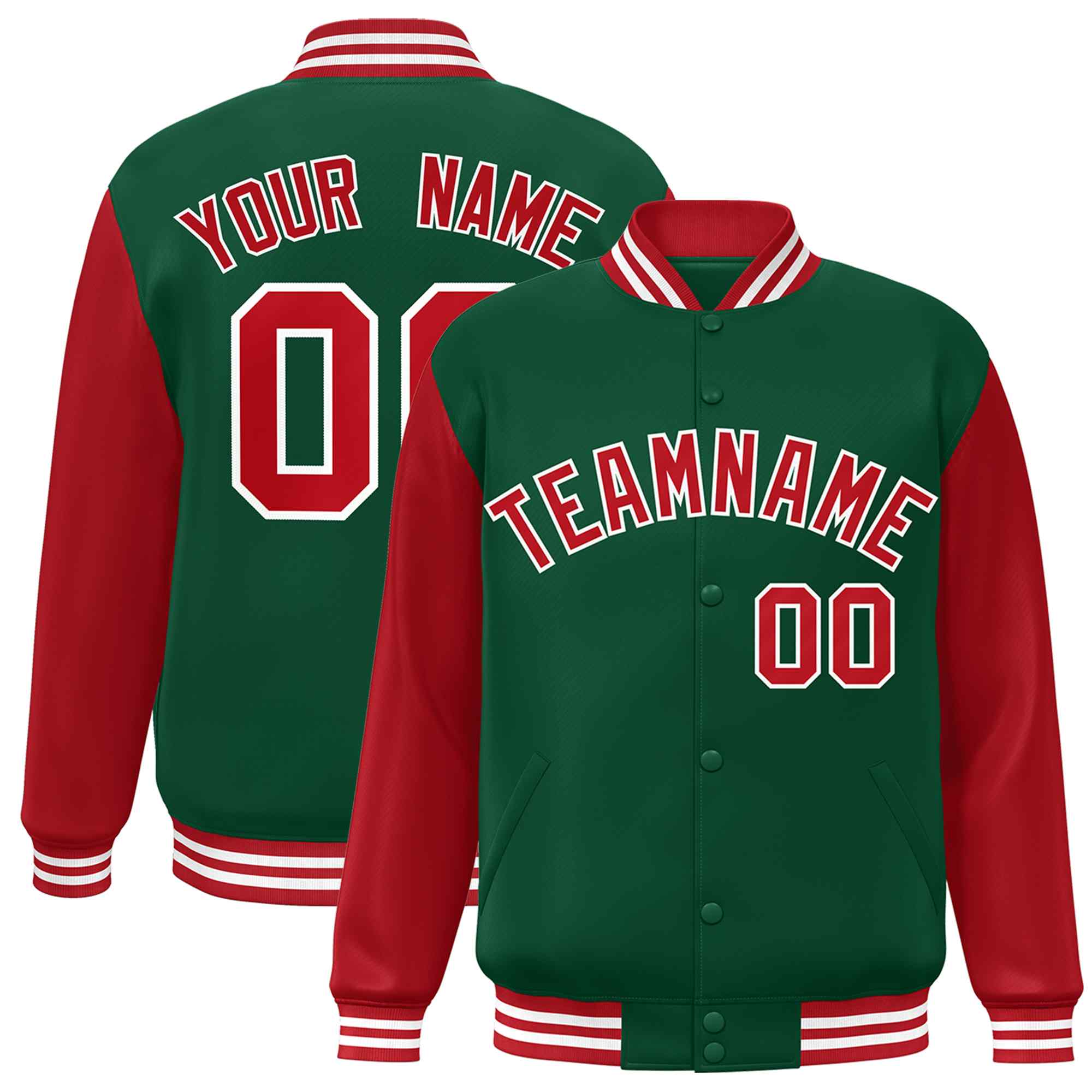 Veste Letterman Varsity Full-Snap à manches raglan personnalisées vert rouge-blanc