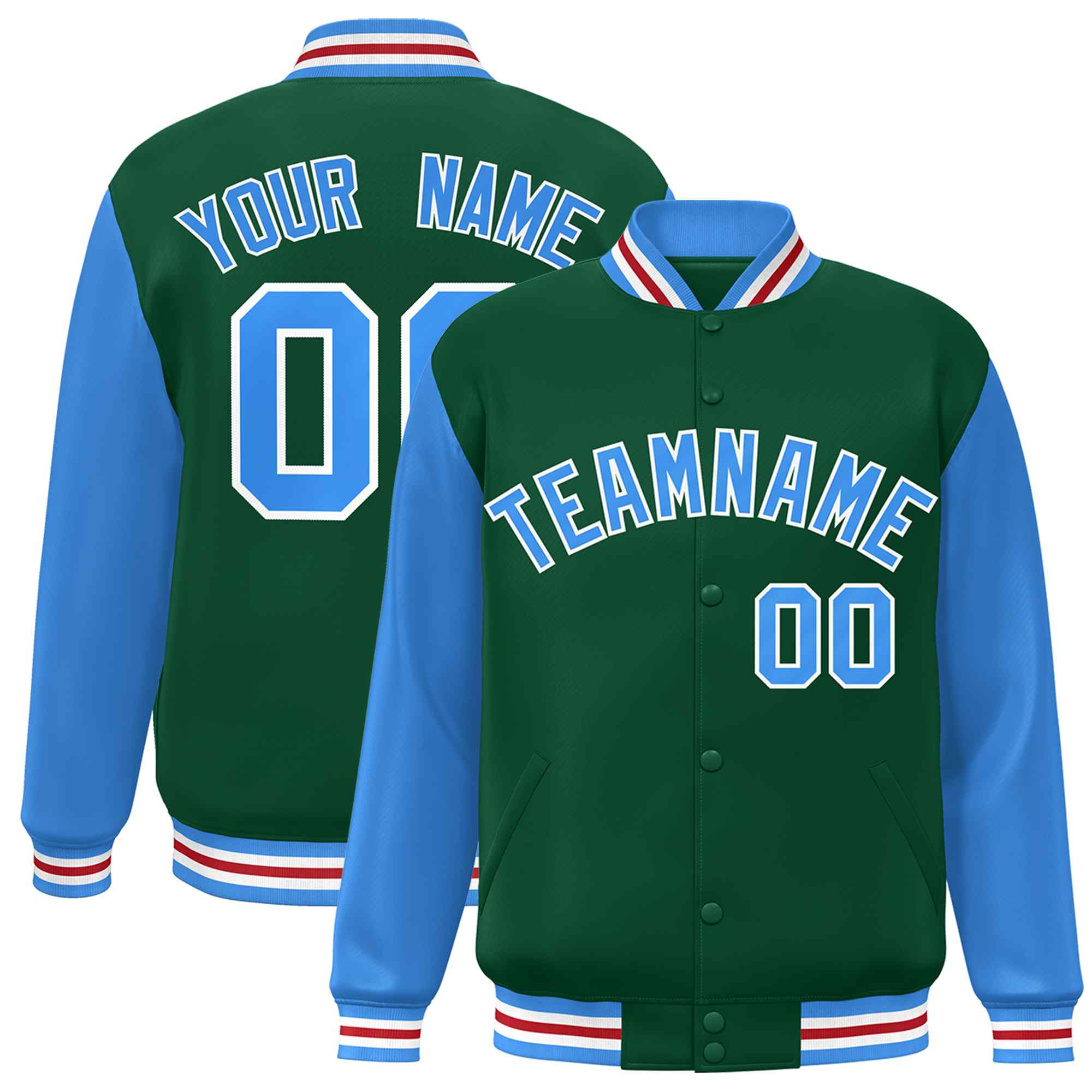 Custom Green Powder Blue-White Raglan Sleeves Varsity Full-Snap Letterman Jacket