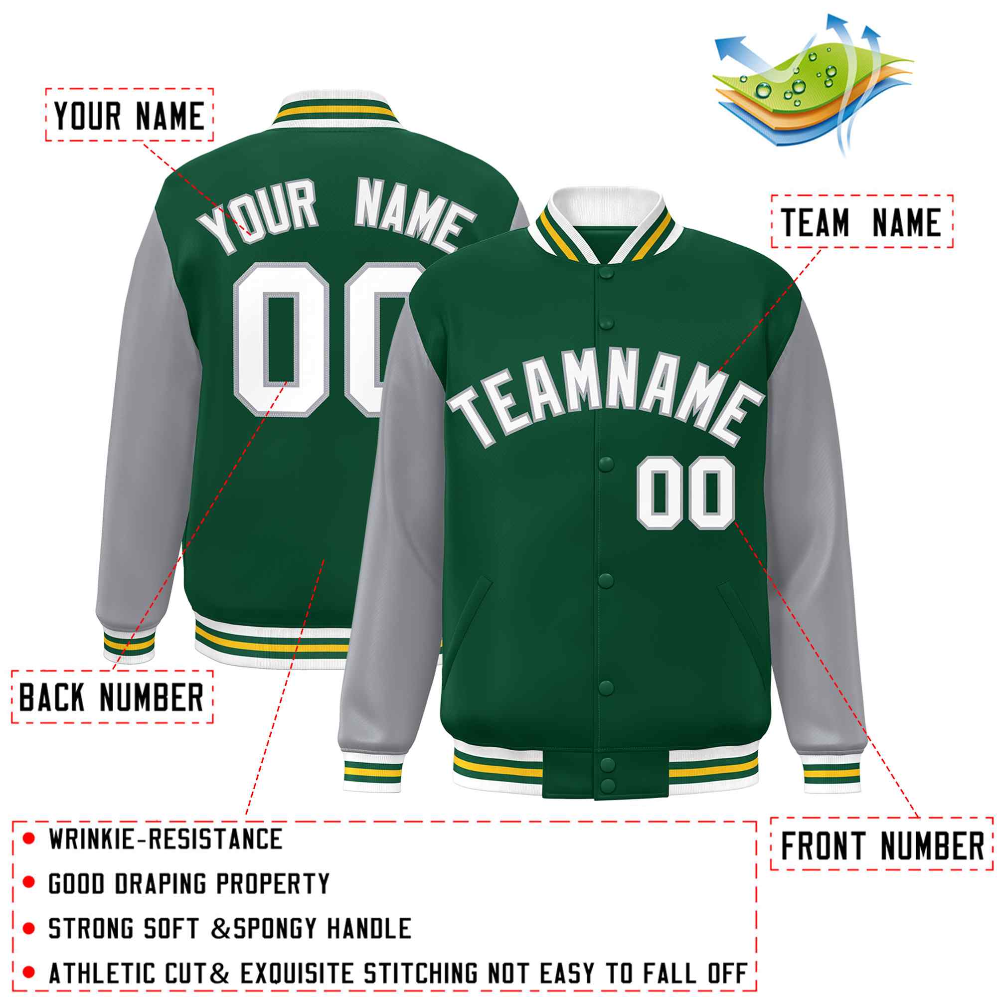 Veste Letterman Varsity Full-Snap à manches raglan vert blanc-vert personnalisée