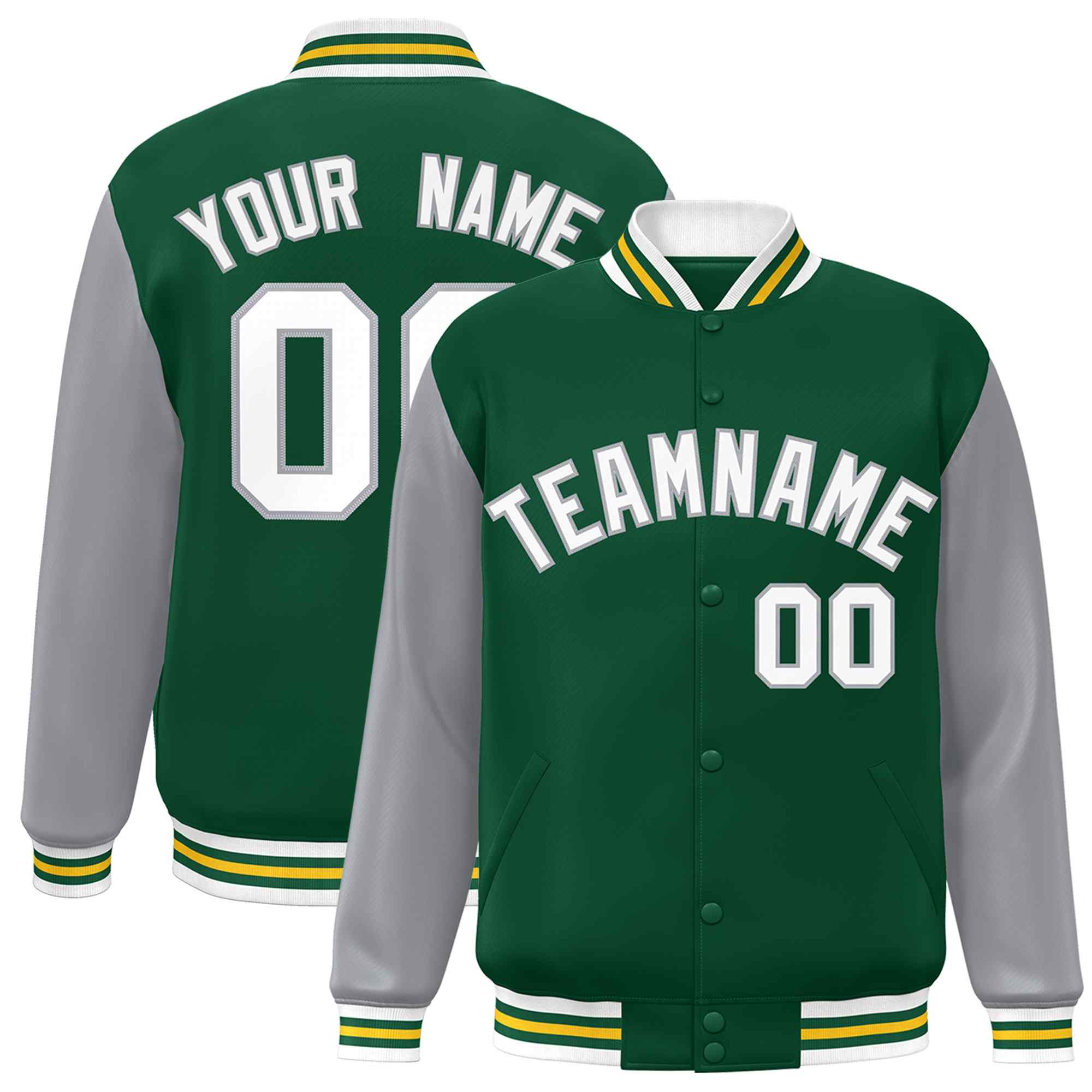 Custom Green White-Green Raglan Sleeves Varsity Full-Snap Letterman Jacket