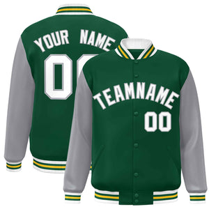 Veste Letterman Varsity Full-Snap à manches raglan vert blanc-vert personnalisée