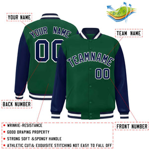 Veste Letterman Varsity Full-Snap à manches raglan personnalisées vert marine-blanc