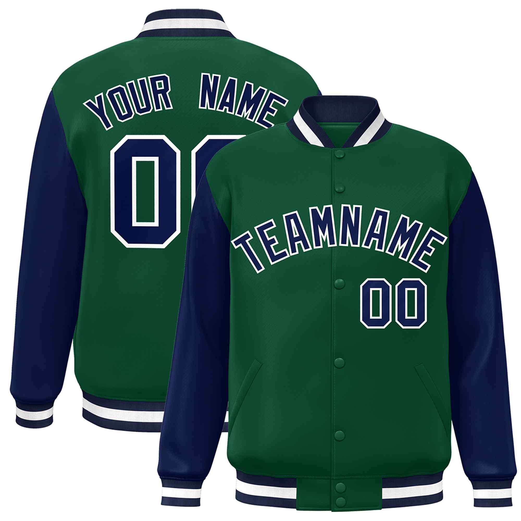 Custom Green Navy-White Raglan Sleeves Varsity Full-Snap Letterman Jacket