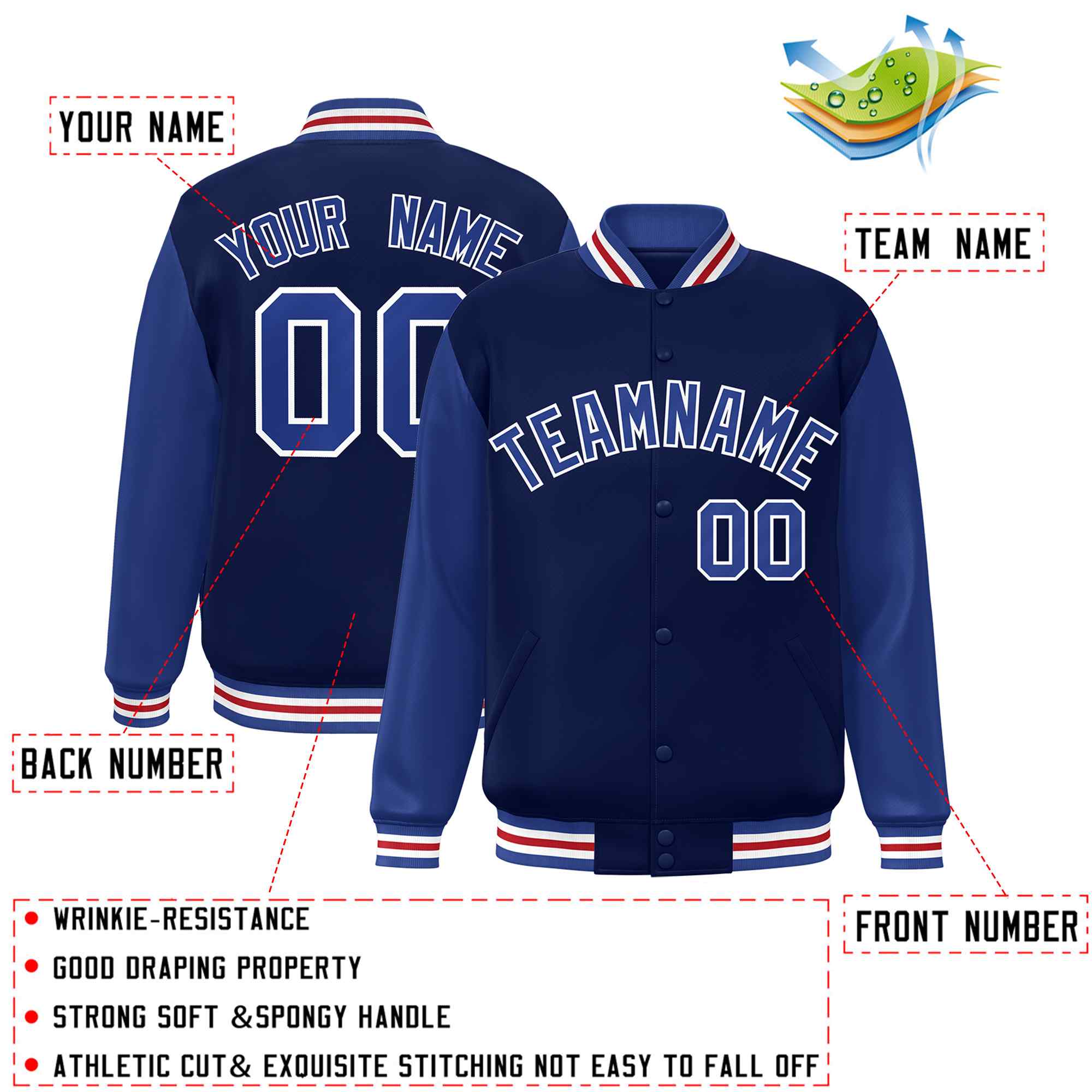 Custom Navy Royal-White Raglan Sleeves Varsity Full-Snap Letterman Jacket