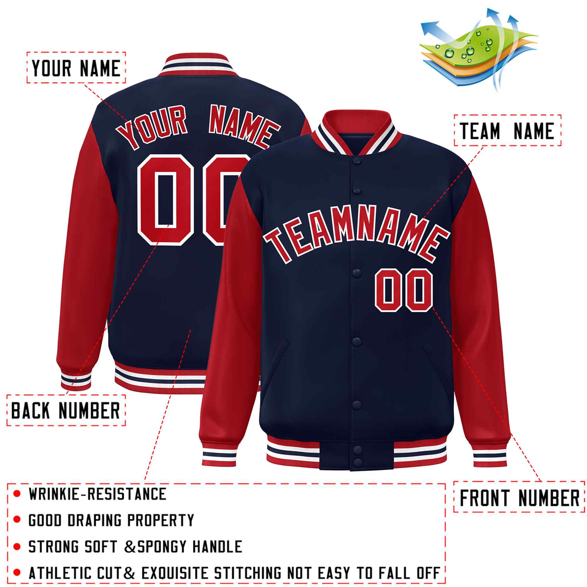 Custom Navy Red-White Raglan Sleeves Varsity Full-Snap Letterman Jacket