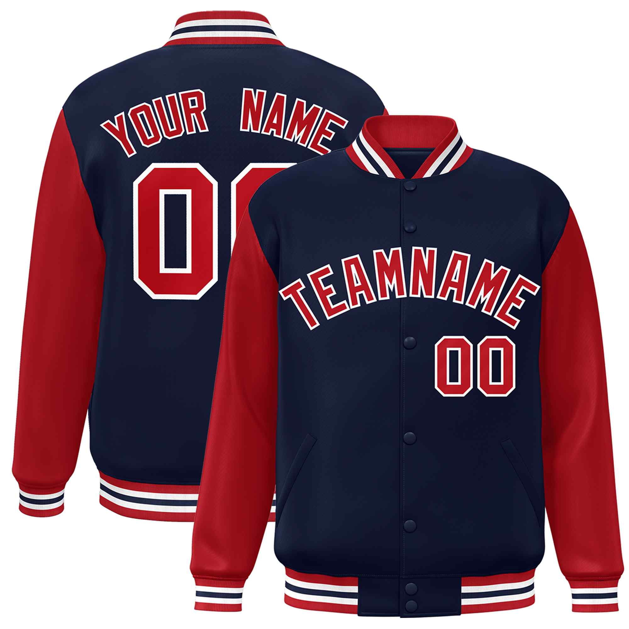 Custom Navy Red-White Raglan Sleeves Varsity Full-Snap Letterman Jacket