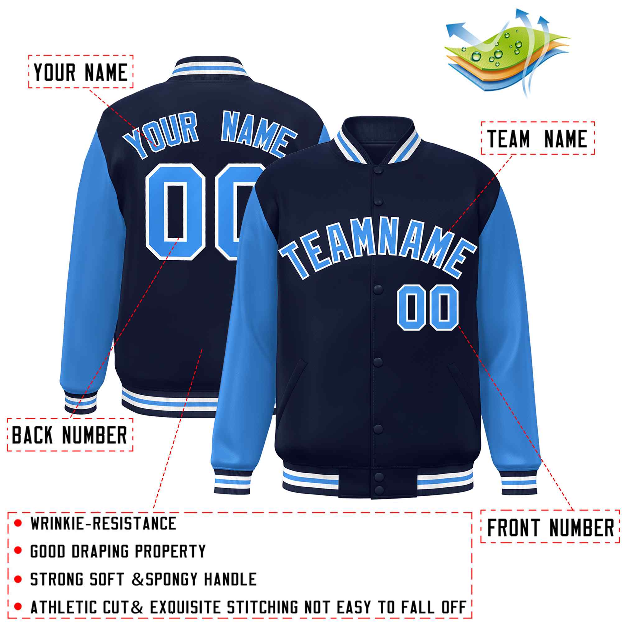 Custom Navy Powder Blue-White Raglan Sleeves Varsity Full-Snap Letterman Jacket