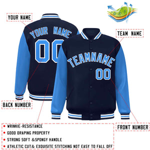 Custom Navy Powder Blue-White Raglan Sleeves Varsity Full-Snap Letterman Jacket