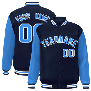 Custom Navy Powder Blue-White Raglan Sleeves Varsity Full-Snap Letterman Jacket