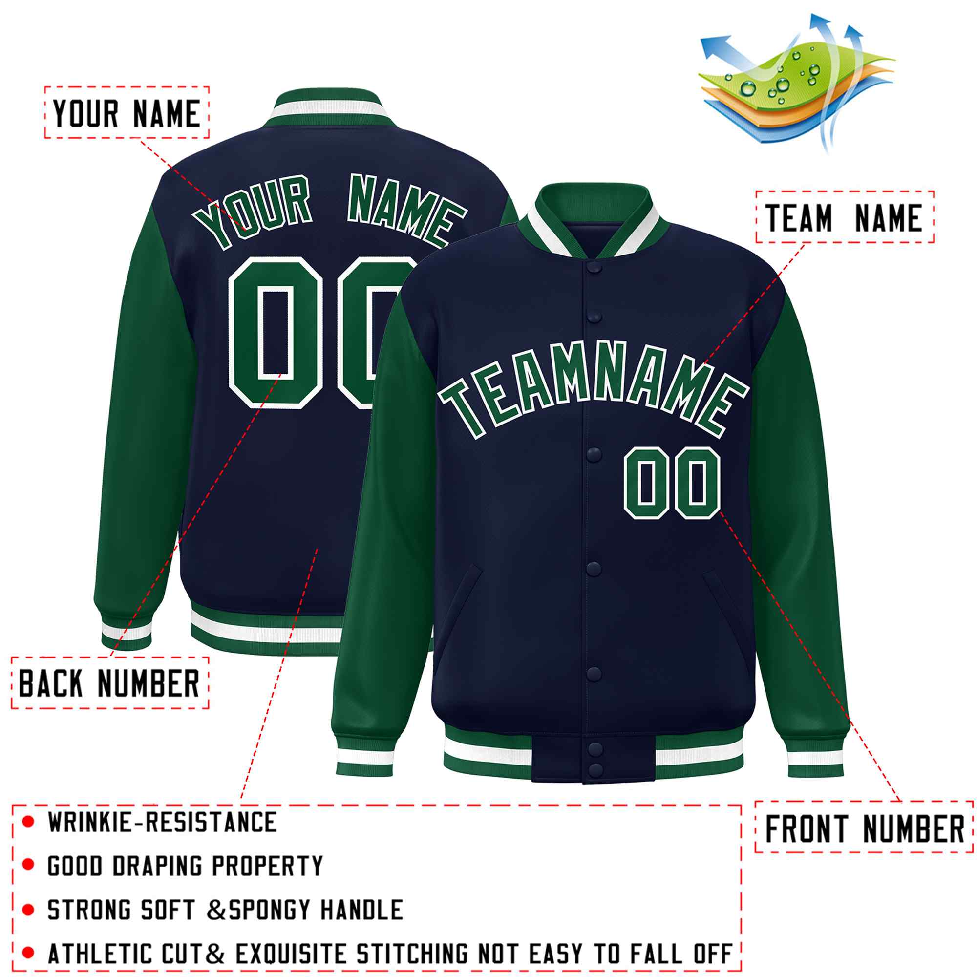 Custom Navy Green-White Raglan Sleeves Varsity Full-Snap Letterman Jacket