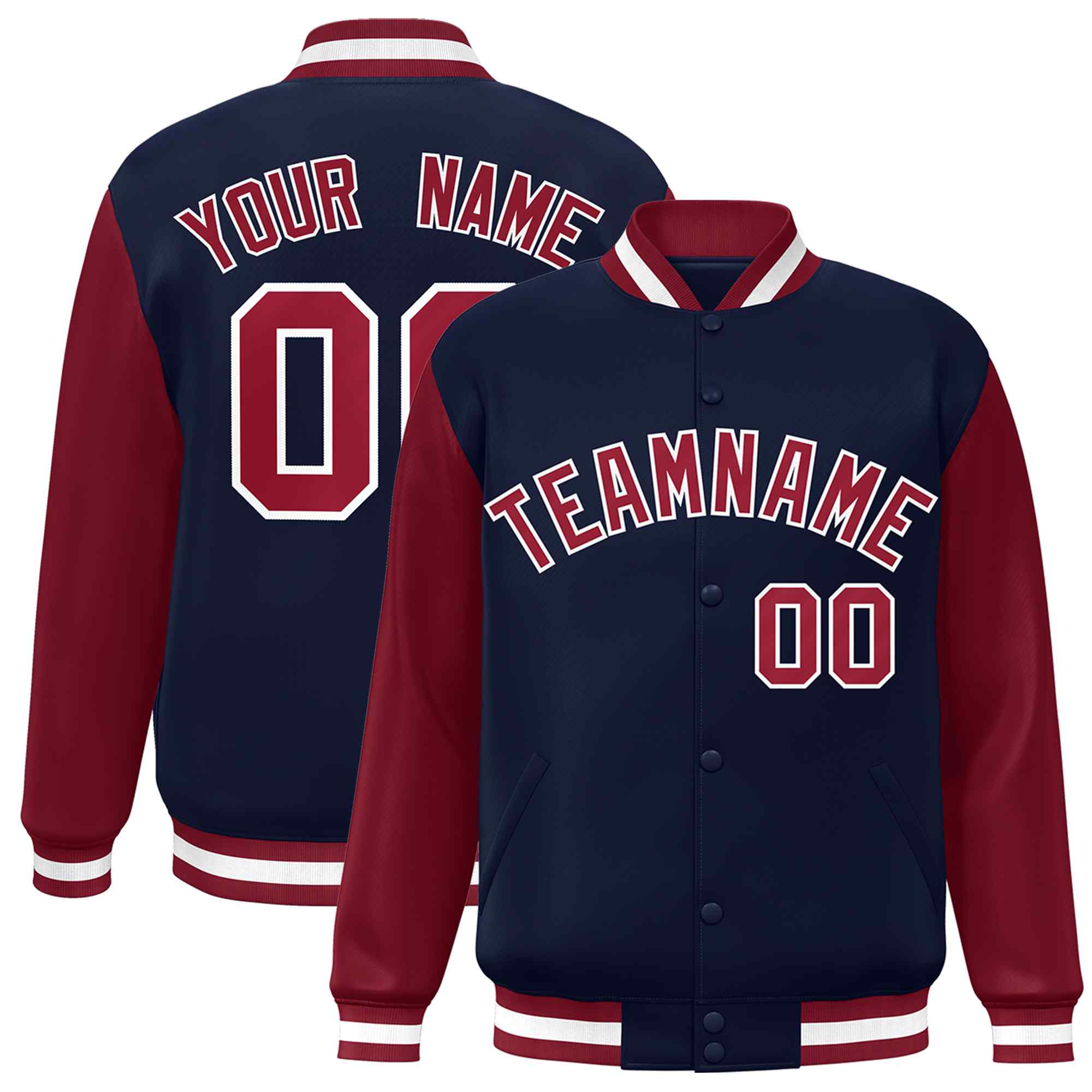 Veste Letterman Varsity Full-Snap à manches raglan bleu marine et blanc personnalisée