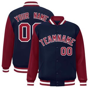 Custom Navy Crimson-White Raglan Sleeves Varsity Full-Snap Letterman Jacket