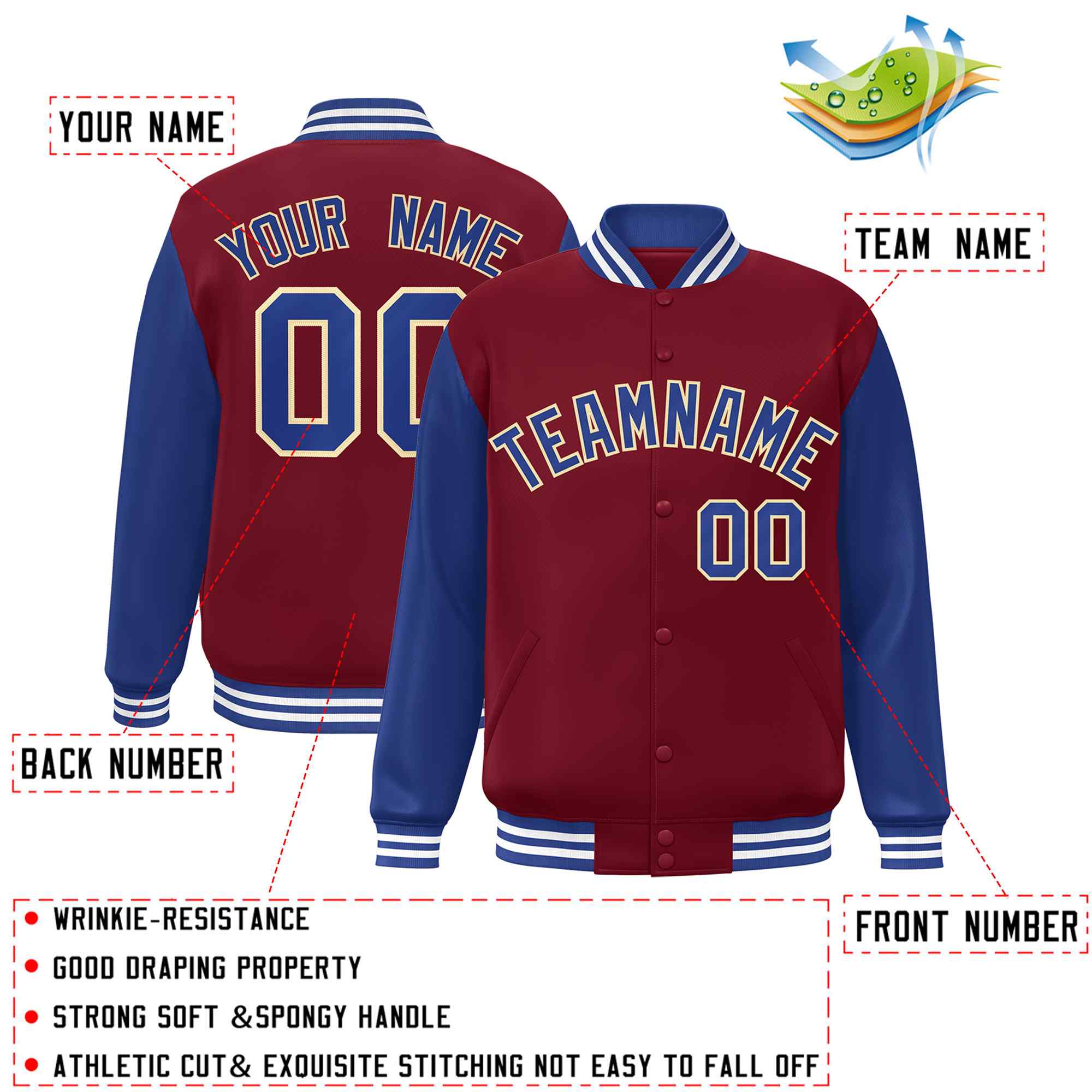 Veste Letterman Varsity Full-Snap Custom Crimson Royal-Khaki à manches raglan