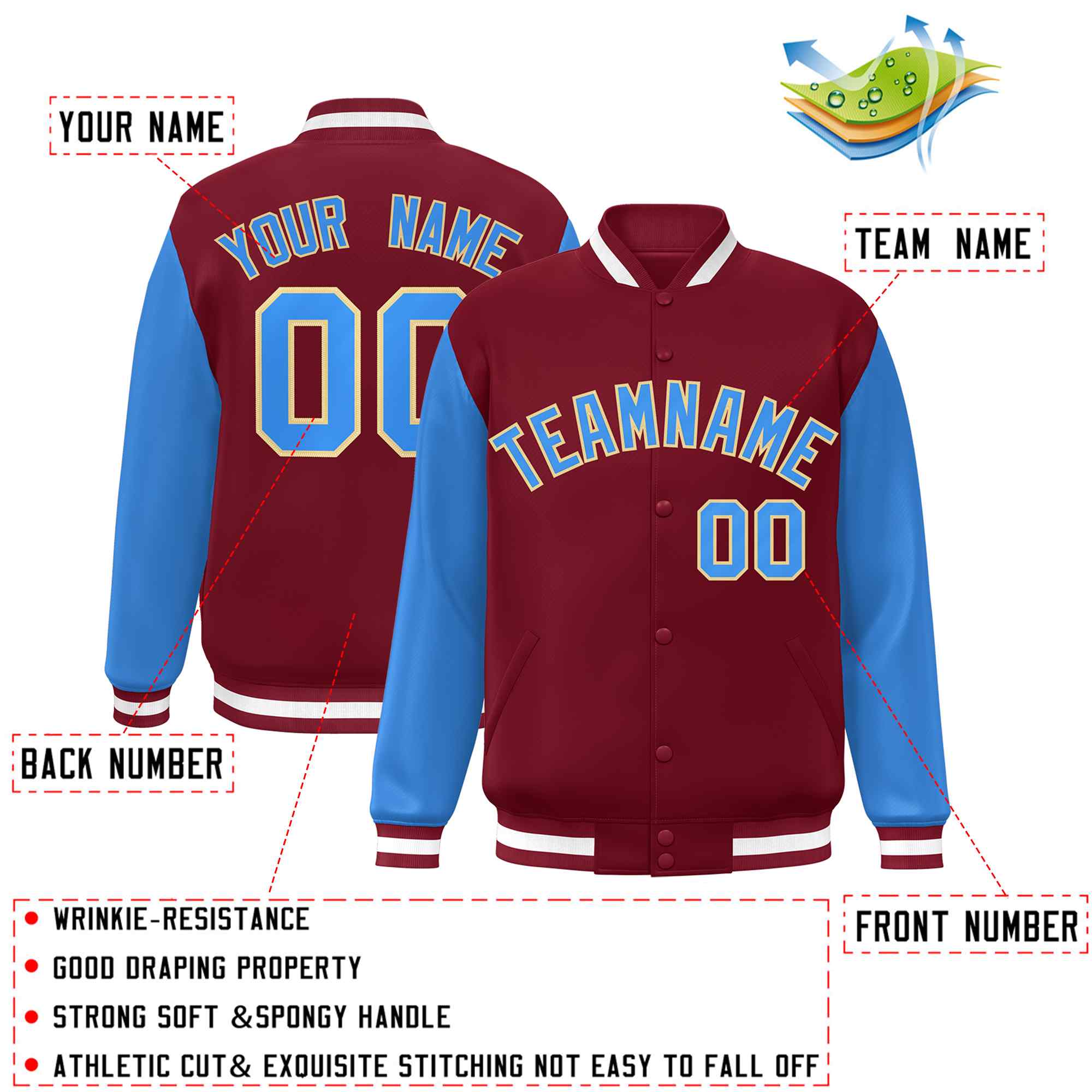 Custom Crimson Powder Blue-Khaki Raglan Sleeves Varsity Full-Snap Letterman Jacket