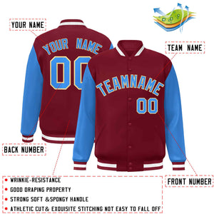 Custom Crimson Powder Blue-Khaki Raglan Sleeves Varsity Full-Snap Letterman Jacket