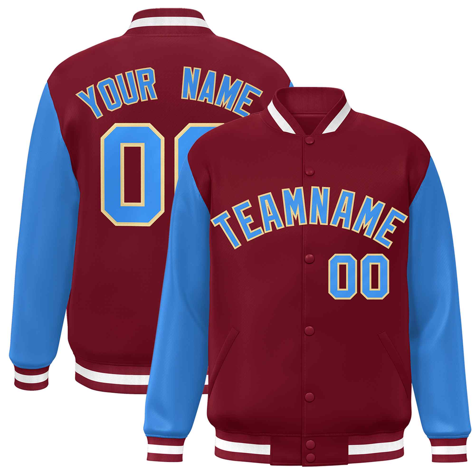 Veste Letterman Varsity Full-Snap à manches raglan bleu-kaki poudre cramoisie personnalisée