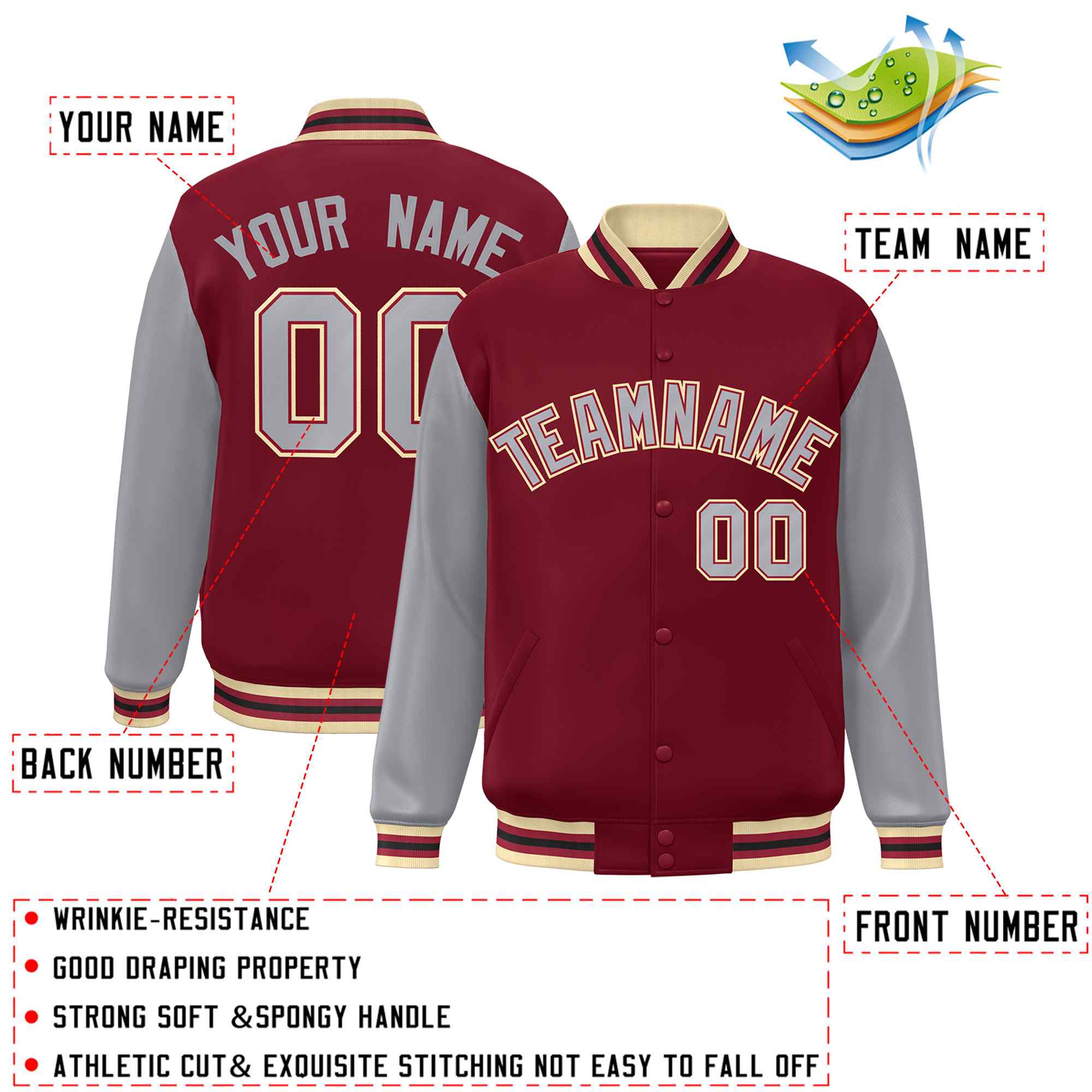 Custom Crimson Gray-Crimson Raglan Sleeves Varsity Full-Snap Letterman Jacket