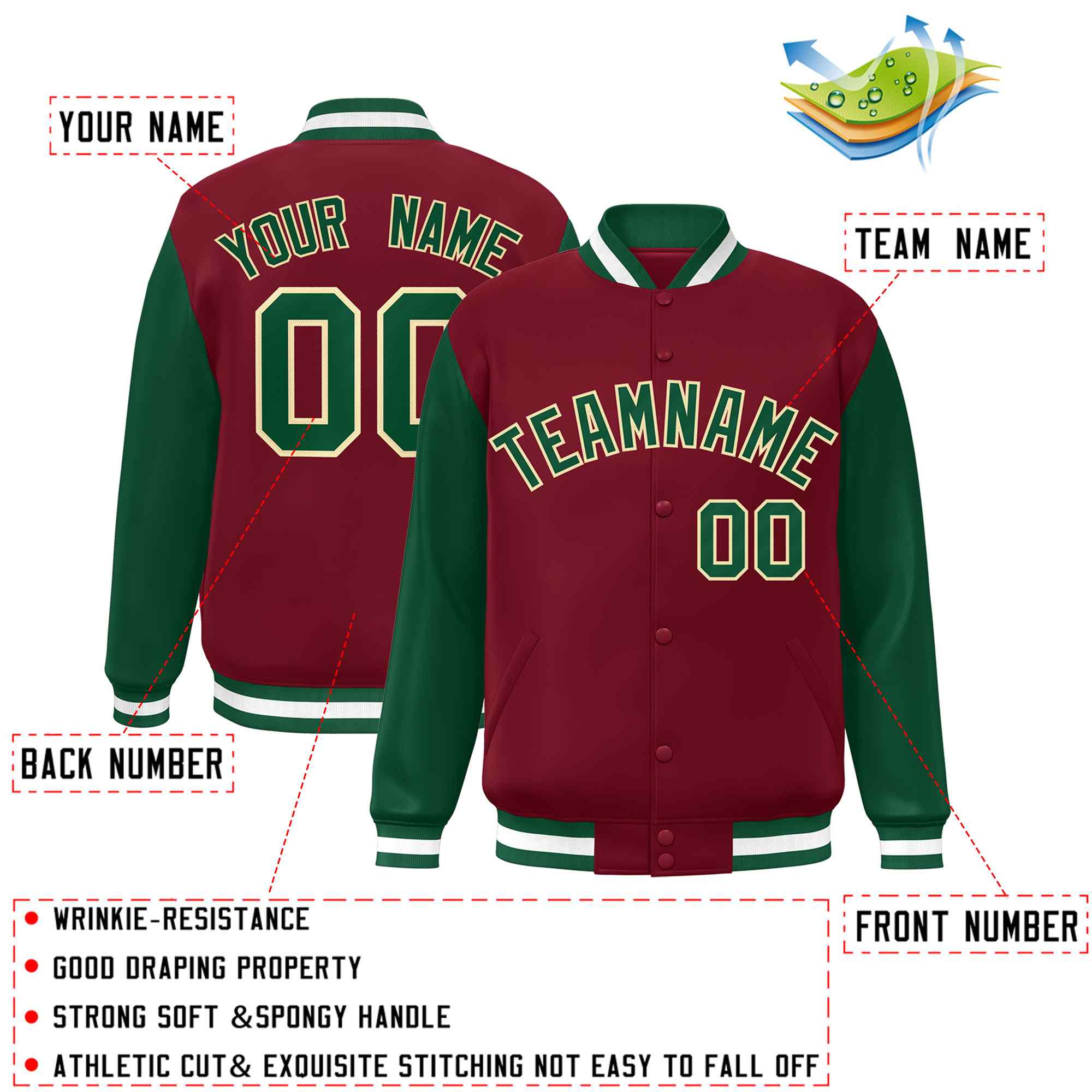 Custom Crimson Green-Khaki Raglan Sleeves Varsity Full-Snap Letterman Jacket