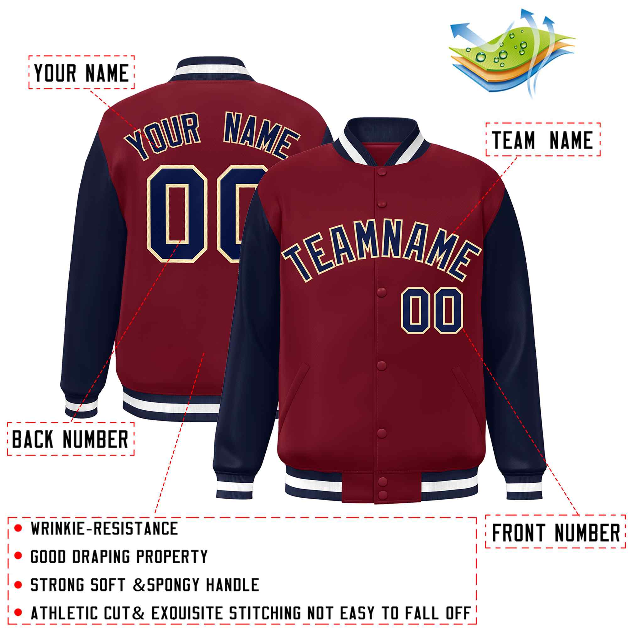 Custom Crimson Navy-Khaki Raglan Sleeves Varsity Full-Snap Letterman Jacket