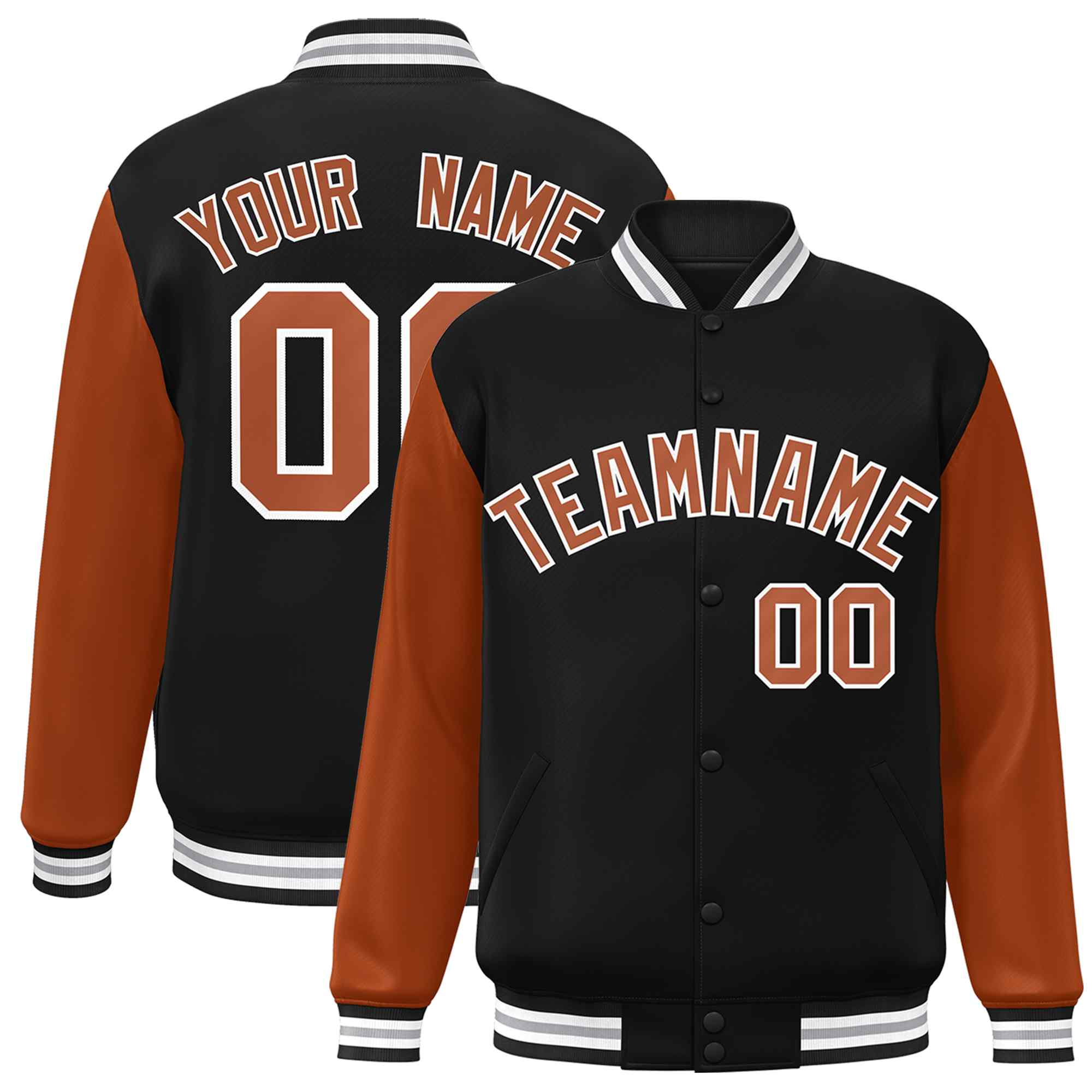 Custom Black Texas Orange-White Raglan Sleeves Varsity Full-Snap Letterman Jacket