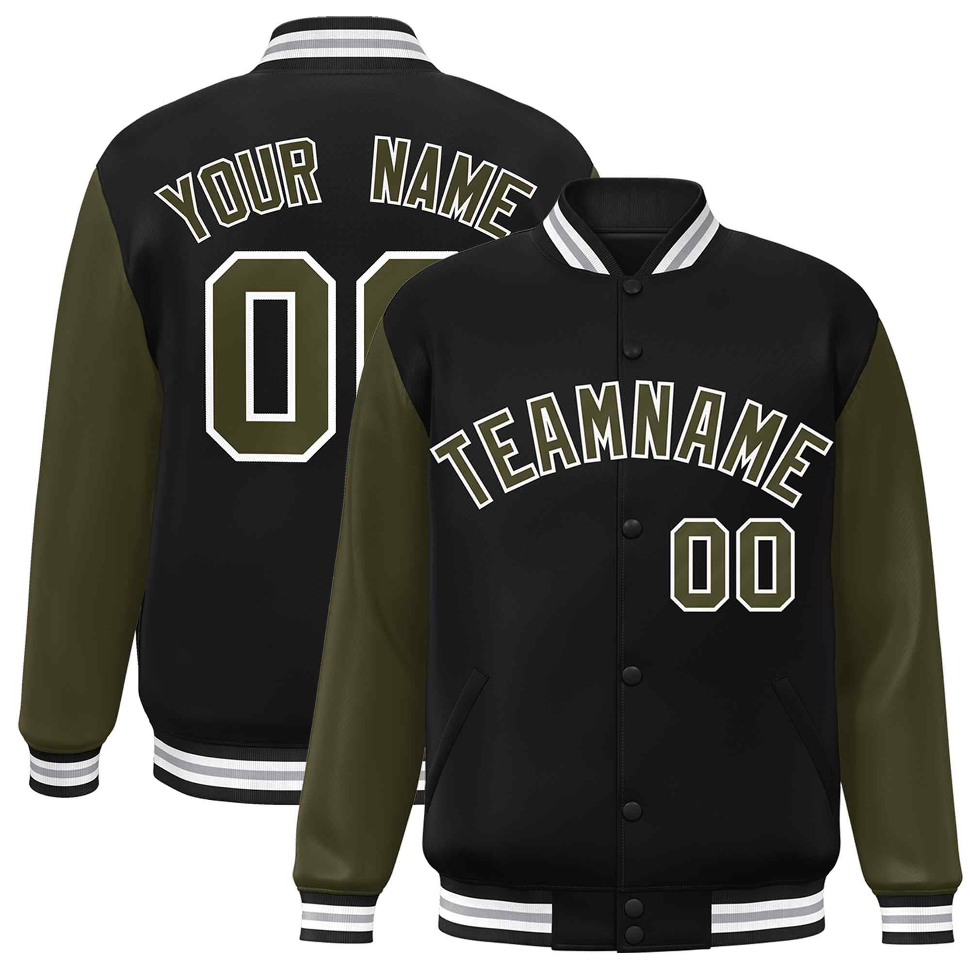 Custom Black Olive-White Raglan Sleeves Varsity Full-Snap Letterman Jacket